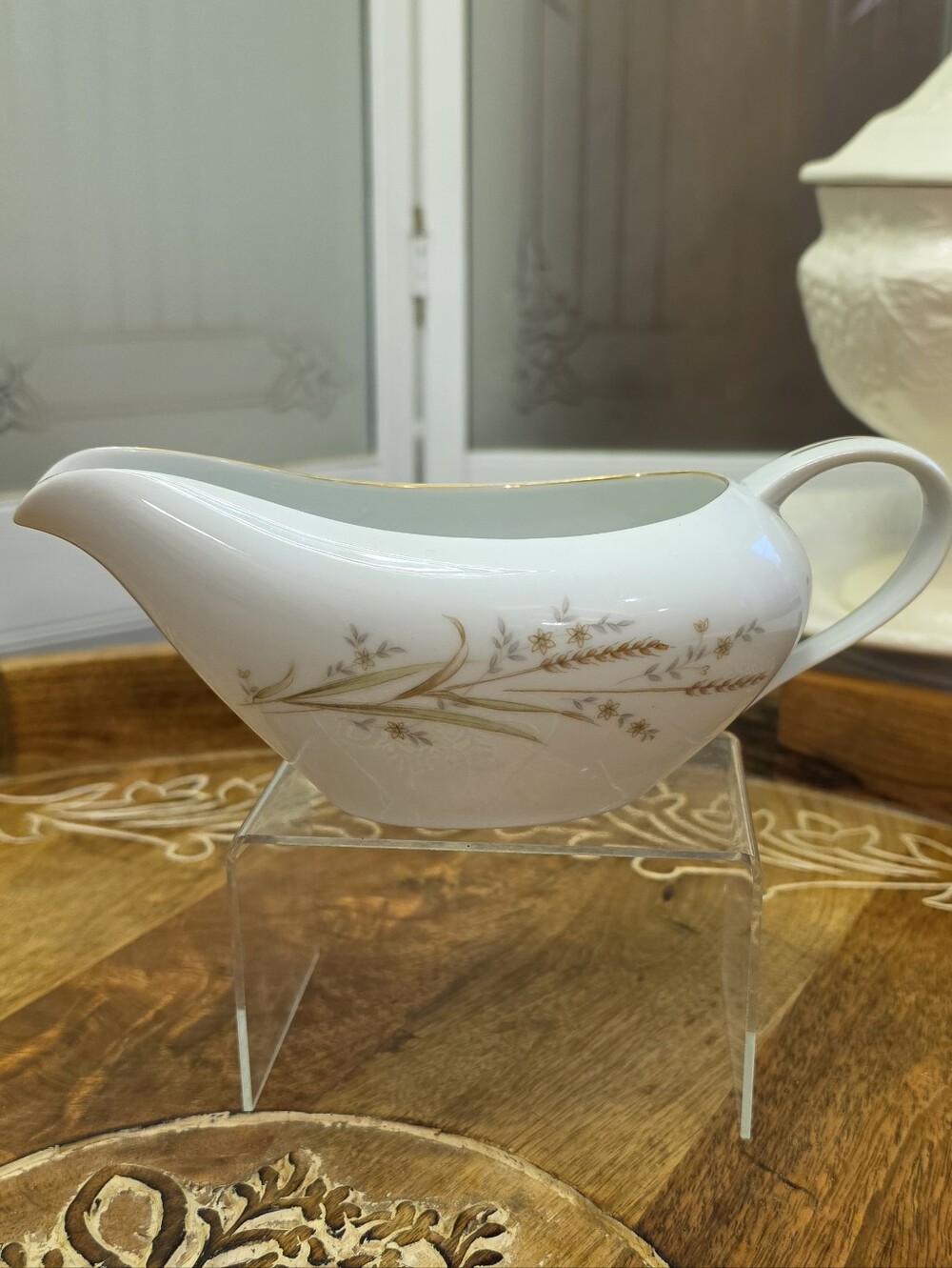 Vintage Golden Harvest Fine China Japan Gravy Boat Wheat Motif Gold Trim MCM Vtg